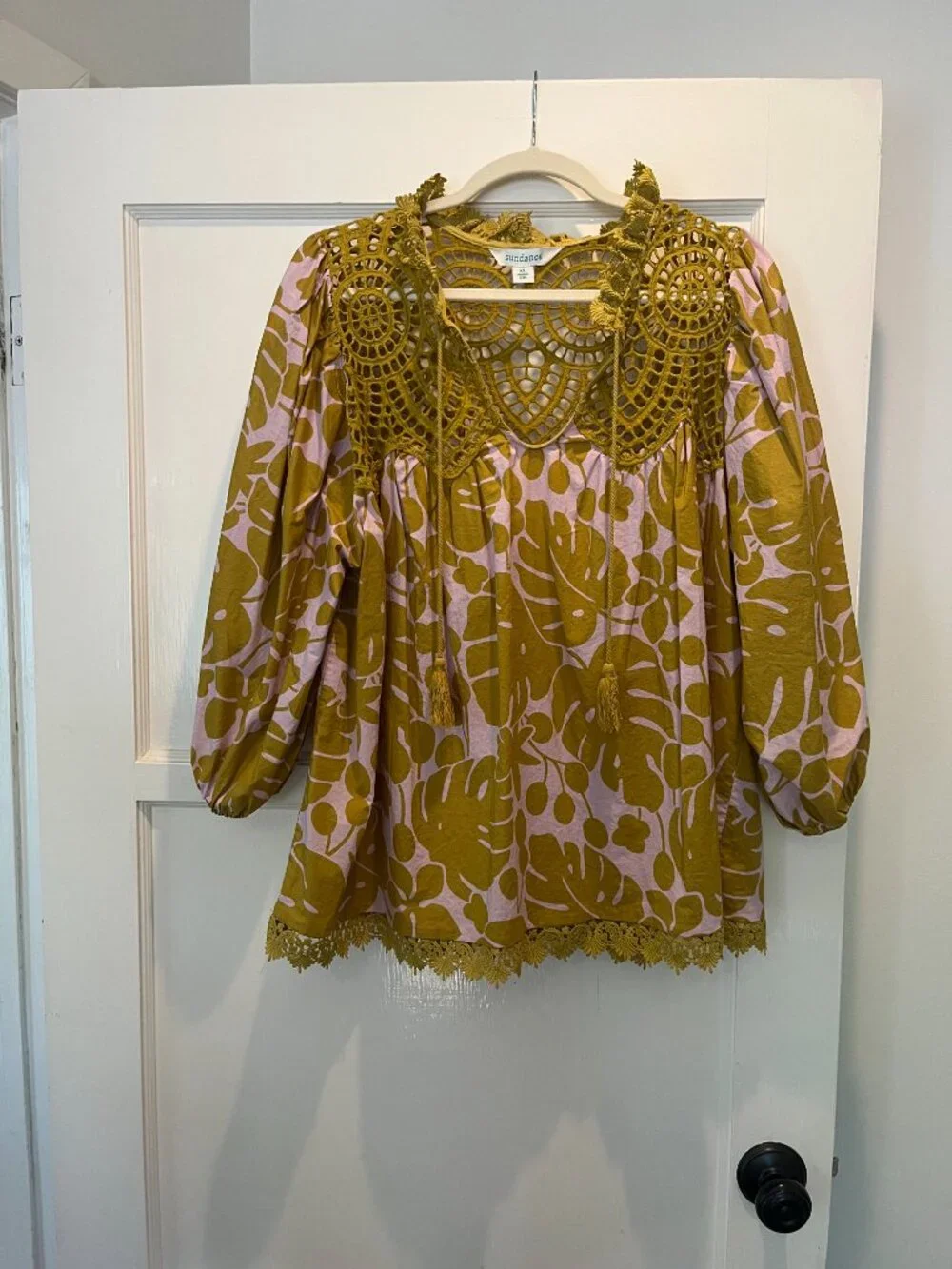 Sundance Boho Lace Crochet Tropical Monstera Leaf Peasant Blouse Top Sz XL - Picture 2 of 5